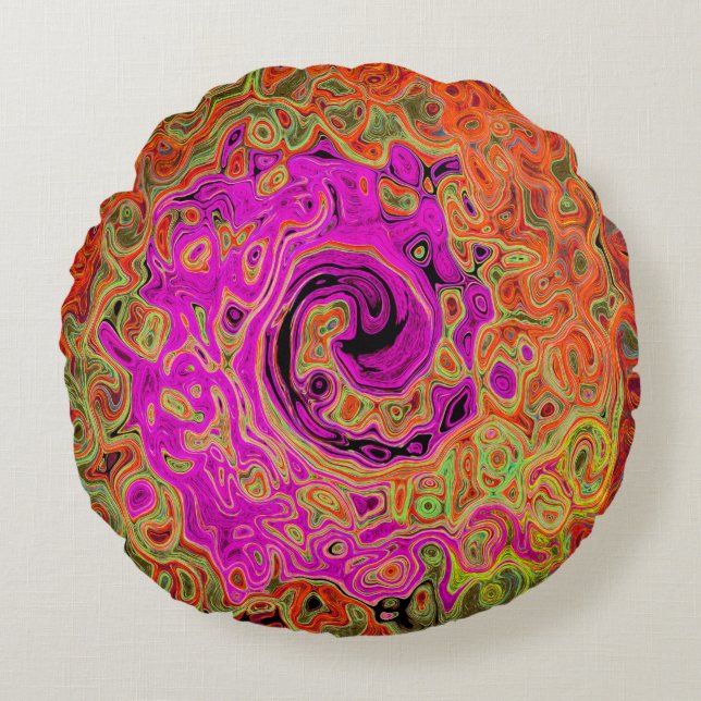 Hot Pink Groovy Abstract Retro Liquid Swirl Round Cushion (Front)