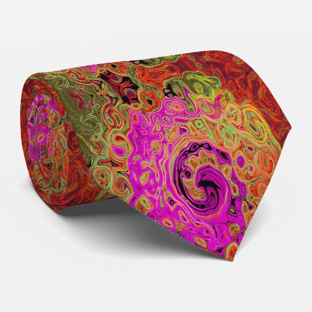 Hot Pink Groovy Abstract Retro Liquid Swirl Tie (Rolled)