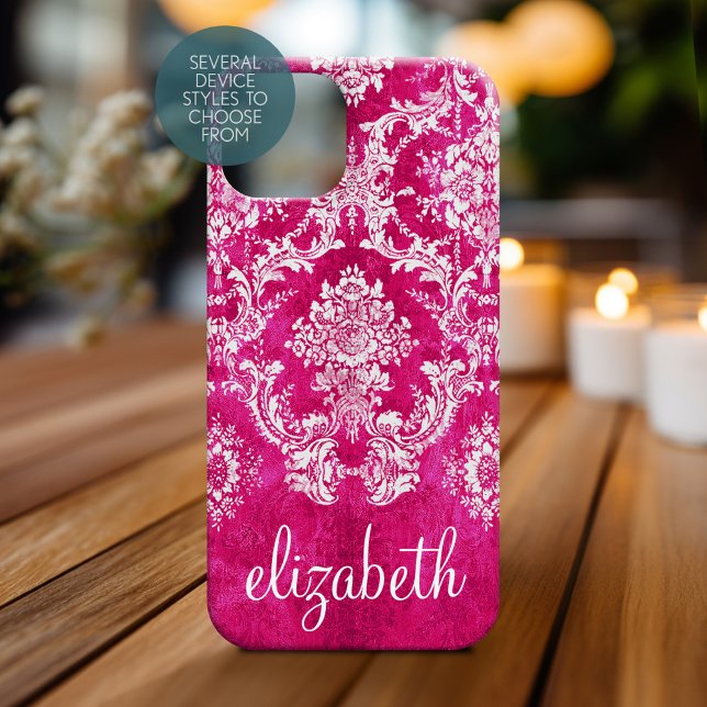 Hot Pink Grunge Damask Pattern Custom Text (Personalized Phone Case - Shabby Chic Vintage Damask Pattern with Custom Name)