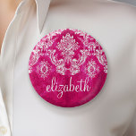 Hot Pink Grunge Damask Pattern Custom Text 6 Cm Round Badge<br><div class="desc">A vintage pattern with a chalkboard and lace design. Look closely to the flowers and leaves.A trendy design with jewel tone colours and elegance. Items are easier to customise when you replace all text and photos first. If your art still needs to be adjusted, click on the Customise This button....</div>