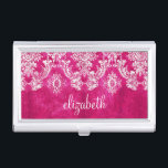 Hot Pink Grunge Damask Pattern Custom Text Business Card Holder<br><div class="desc">A vintage pattern with a chalkboard and lace design. Look closely to the flowers and leaves.A trendy design with jewel tone colours and elegance. Items are easier to customise when you replace all text and photos first. If your art still needs to be adjusted, click on the Customise This button....</div>