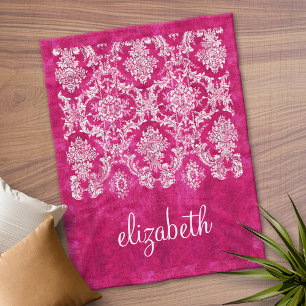Hot Pink Grunge Damask Pattern Custom Text Fleece Blanket