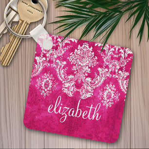 Hot Pink Grunge Damask Pattern Custom Text Key Ring