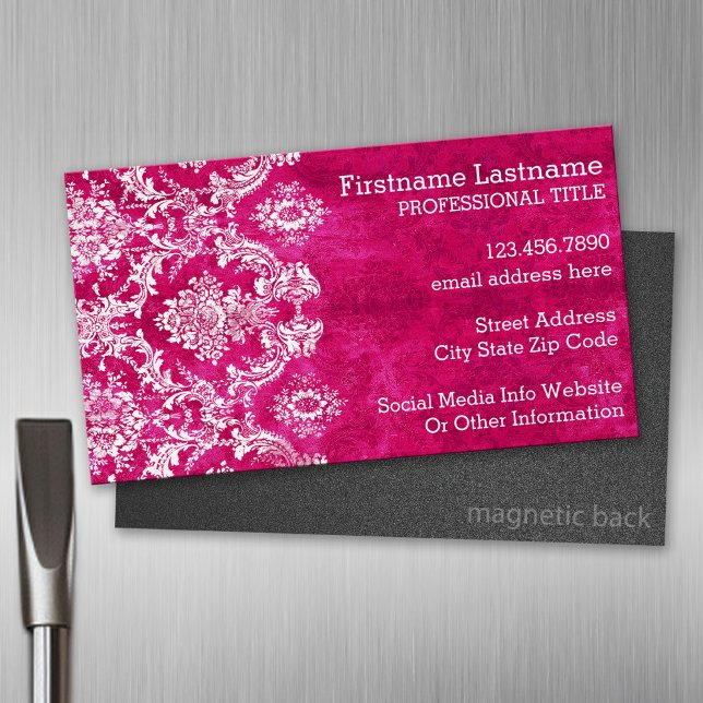 Hot Pink Grunge Damask Pattern Custom Text Magnetic Business Card (Custom Business Card Magnet)