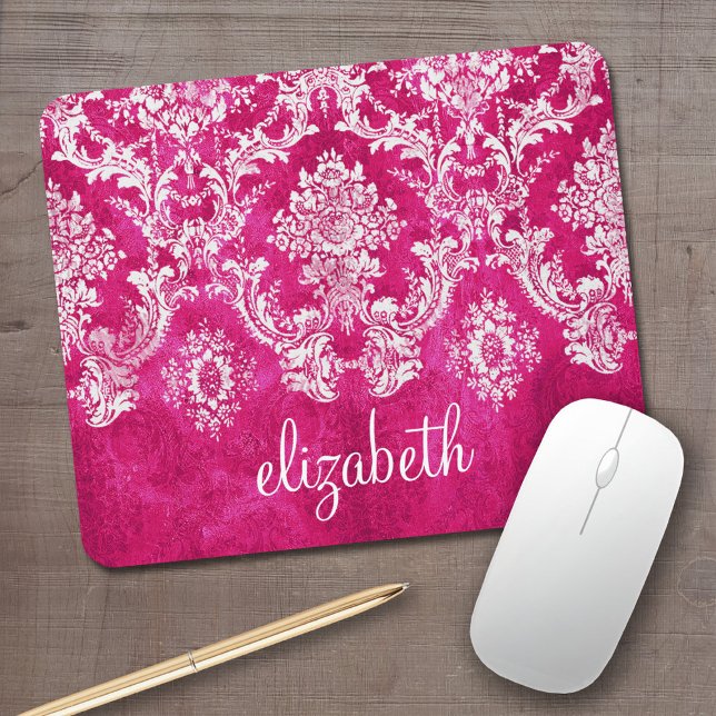 Hot Pink Grunge Damask Pattern Custom Text Mouse Pad (Personalized Mousepad - Add Your Name to this template)