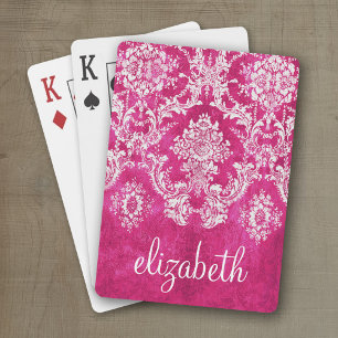 Hot Pink Grunge Damask Pattern Custom Text Playing Cards