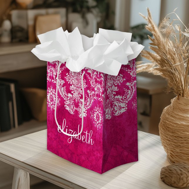Hot Pink Grunge Damask Pattern Custom Text Small Gift Bag (Custom Gift Bag)