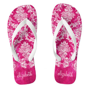 Hot Pink Grunge Damask Pattern Custom Text Thongs