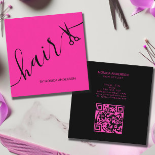 Hot Pink Hair Script Stylist Scissors QR Code Square Business Card