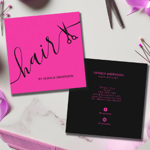 Hot Pink Hair Script Stylist Scissors Square Business Card