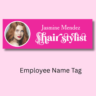 Hot Pink Hair Stylist Elegant Photo  Name Tag