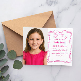 Hot pink hand-drawn bow photo birthday invitation postcard