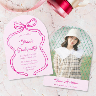 Hot Pink Hand Drawn Bow & Photo Graduation Party Invitation