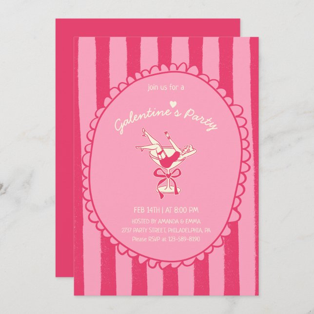 Hot Pink Hand Drawn Galentine's Day Party Invitation (Front/Back)
