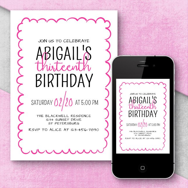 Hot Pink Hand Drawn Girls' Birthday Invitation (Creator Uploaded)