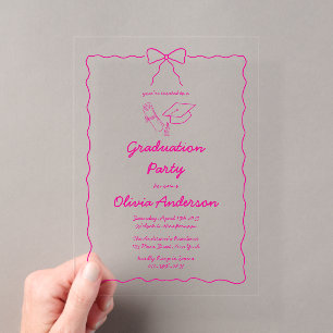Hot Pink Hand Drawn Squiggle Bow Graduation Party Acrylic Invitations
