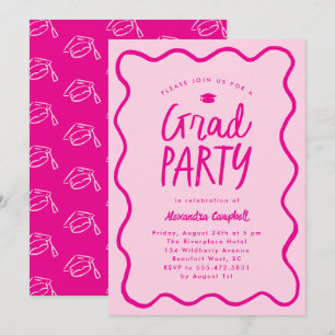 Hot Pink Hand Drawn Squiggle Graduation Party Invitation