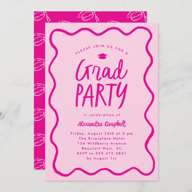 Hot Pink Hand Drawn Squiggle Graduation Party Invitation (Front/Back)