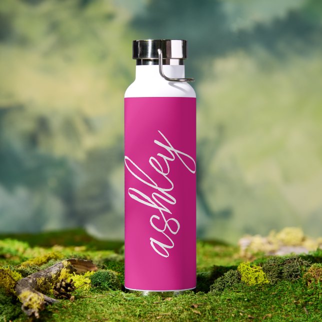 Hot Pink Handwritten Script Monogrammed Water Bottle (Outdoor)