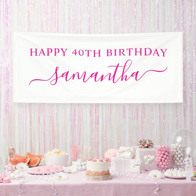 Hot Pink Happy 40th Birthday Elegant Name Banner (Party)