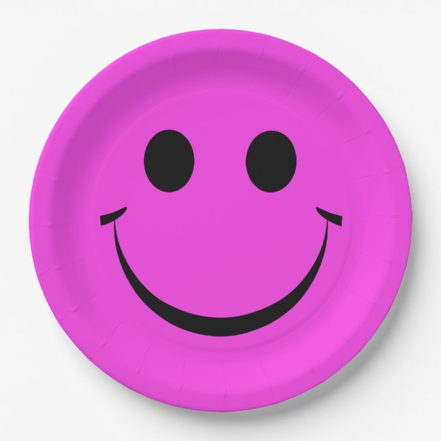 Hot Pink Happy Face Birthday Paper Plates (Front)