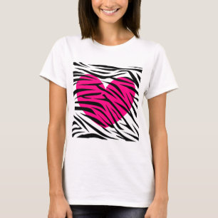 Hot Pink Heart and Zebra Stripes in Black and Whit T-Shirt