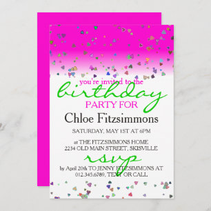 Hot Pink Heart Confetti Birthday Party Invitation