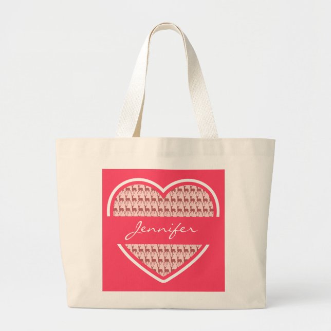 Hot Pink Heart Deer Pattern Personalised Name Large Tote Bag (Front)