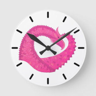 Hot pink heart dragon on white round clock