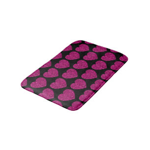 Hot pink heart faux glitter sparkles pattern black bath mat