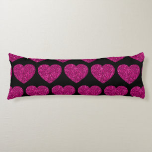 Hot pink heart faux glitter sparkles pattern black body cushion