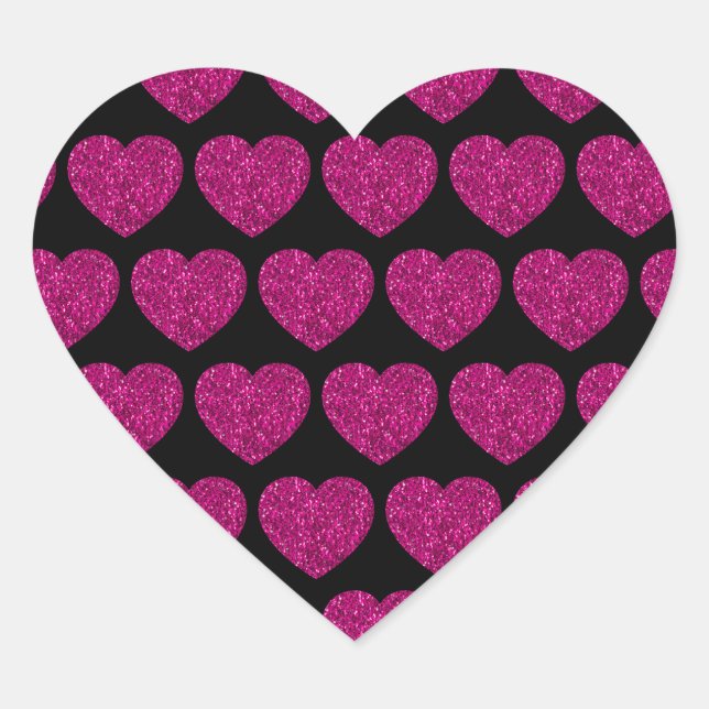 Hot pink heart faux glitter sparkles pattern black heart sticker (Front)