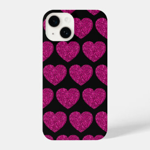 Hot pink heart faux glitter sparkles pattern black iPhone 14 case