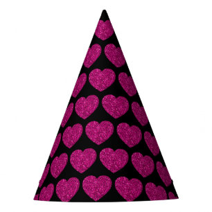 Hot pink heart faux glitter sparkles pattern black party hat