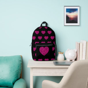 Hot pink heart faux glitter sparkles pattern black printed backpack