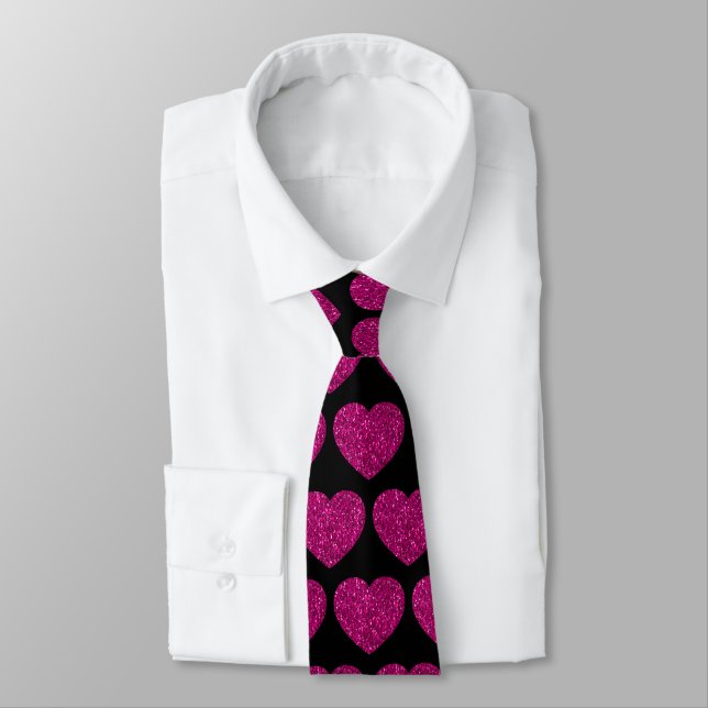Hot pink heart faux glitter sparkles pattern black tie (Tied)
