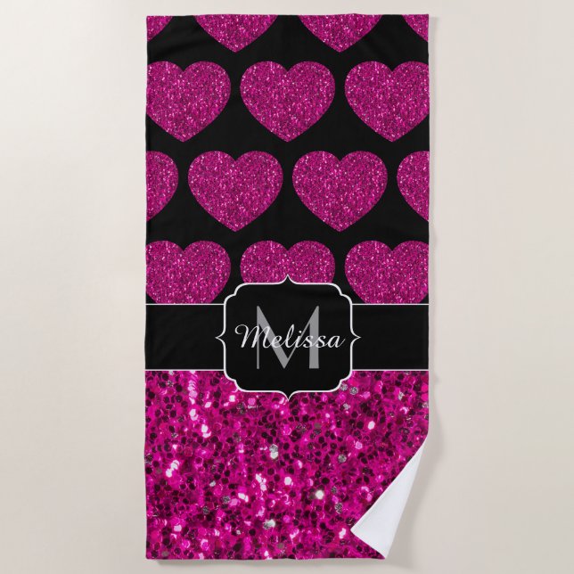 Hot pink heart faux sparkles pattern Monogram Beach Towel (Front)