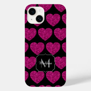Hot pink heart faux sparkles pattern Monogram Case-Mate iPhone 14 Case