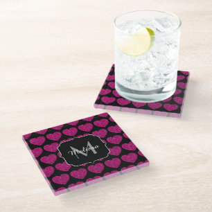 Hot pink heart faux sparkles pattern Monogram Glass Coaster