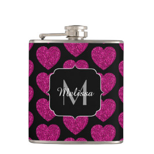 Hot pink heart faux sparkles pattern Monogram Hip Flask