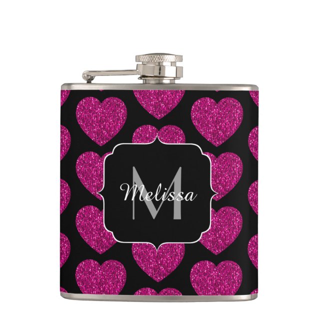 Hot pink heart faux sparkles pattern Monogram Hip Flask (Front)