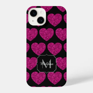 Hot pink heart faux sparkles pattern Monogram iPhone 14 Case