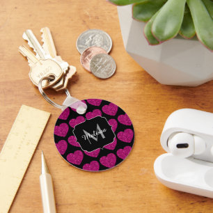 Hot pink heart faux sparkles pattern Monogram Key Ring