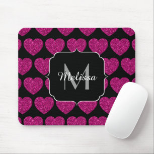 Hot pink heart faux sparkles pattern Monogram Mouse Pad