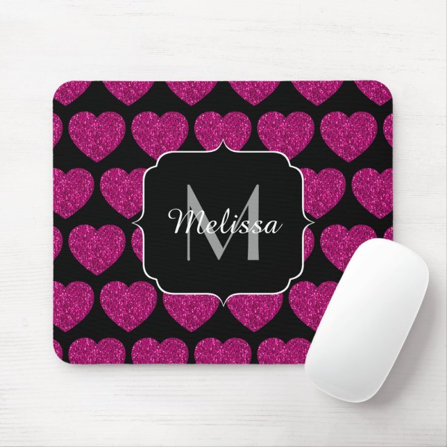 Hot pink heart faux sparkles pattern Monogram Mouse Pad (With Mouse)
