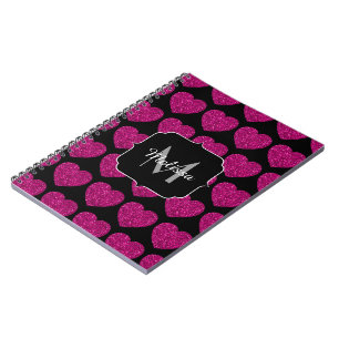Hot pink heart faux sparkles pattern Monogram Notebook