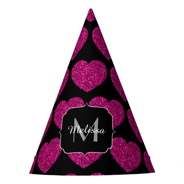Hot pink heart faux sparkles pattern Monogram Party Hat (Front)