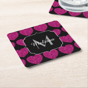 Hot pink heart faux sparkles pattern Monogram Square Paper Coaster
