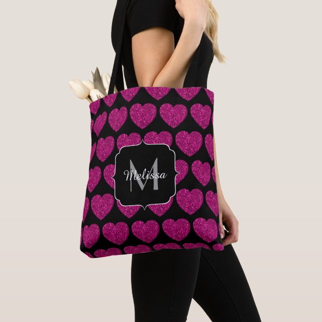 Hot pink heart faux sparkles pattern Monogram Tote Bag (Close Up)