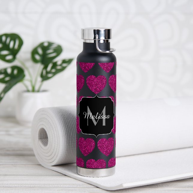 Hot pink heart faux sparkles pattern Monogram Water Bottle (Yoga)